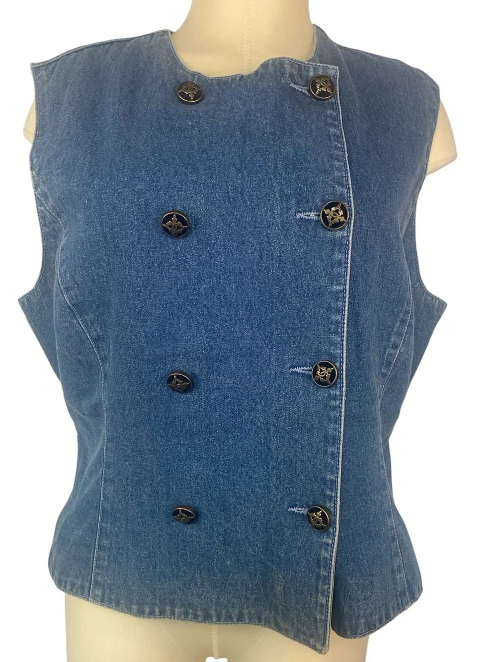 Ruff Hewn Sleeveless Double-Breasted Denim Vest in Medium Blue Women’s Large